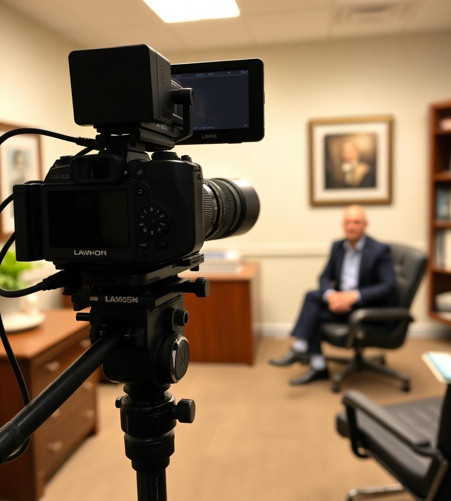Camera rig set up for an attorney interview in a law office