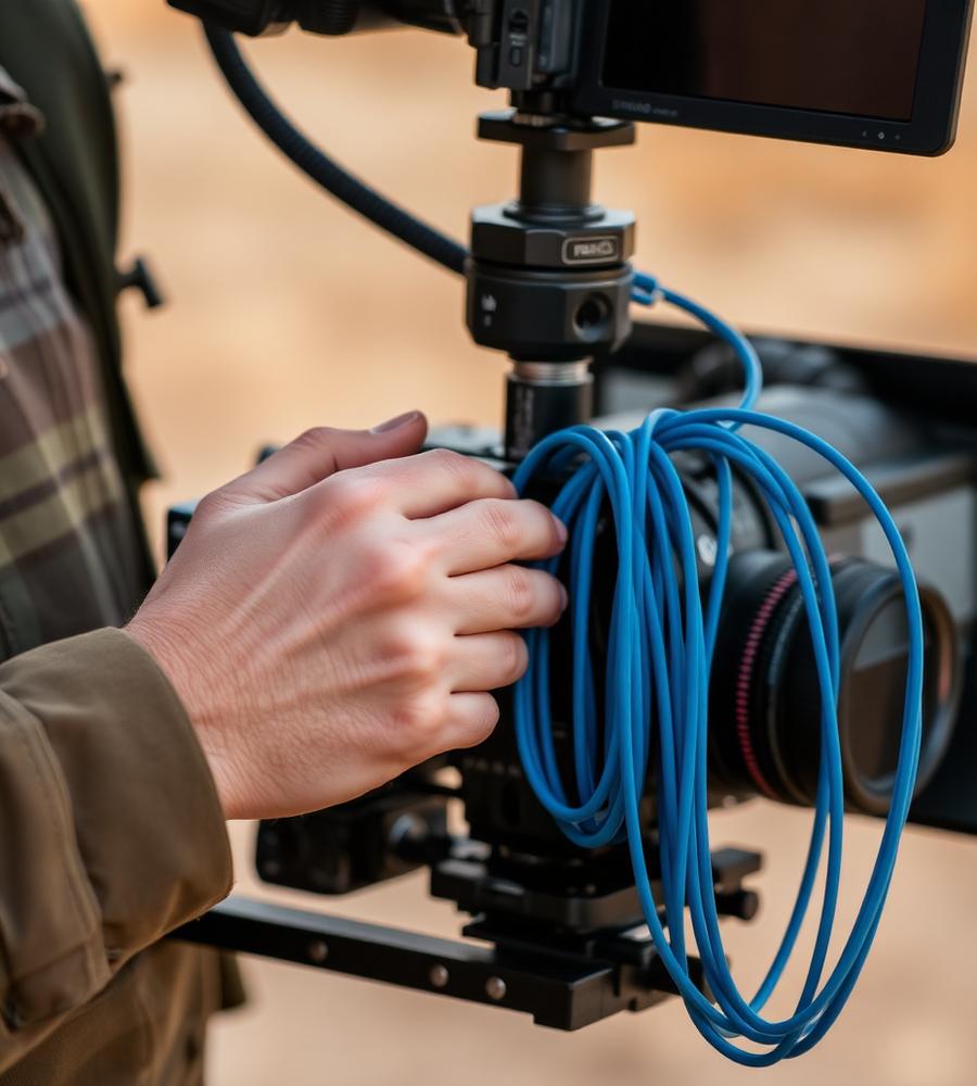 Operator adjusting a camera rig and cabling on location